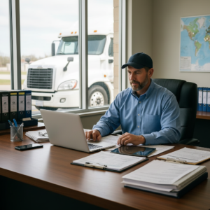 Fleet safety manager reviewing FMCSA 2026 compliance documents at a desk with a truck in the background