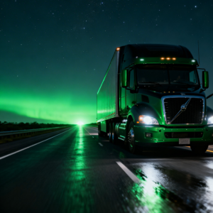 A dark green semi-truck drives down an open highway at night with a glowing green horizon ahead, representing the recovering freight market for small trucking fleets in 2026