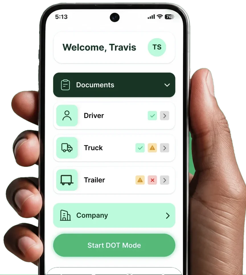 The RoadDocZ driver app on a phone: Driver, Truck and Trailer document status and a Start DOT Mode button